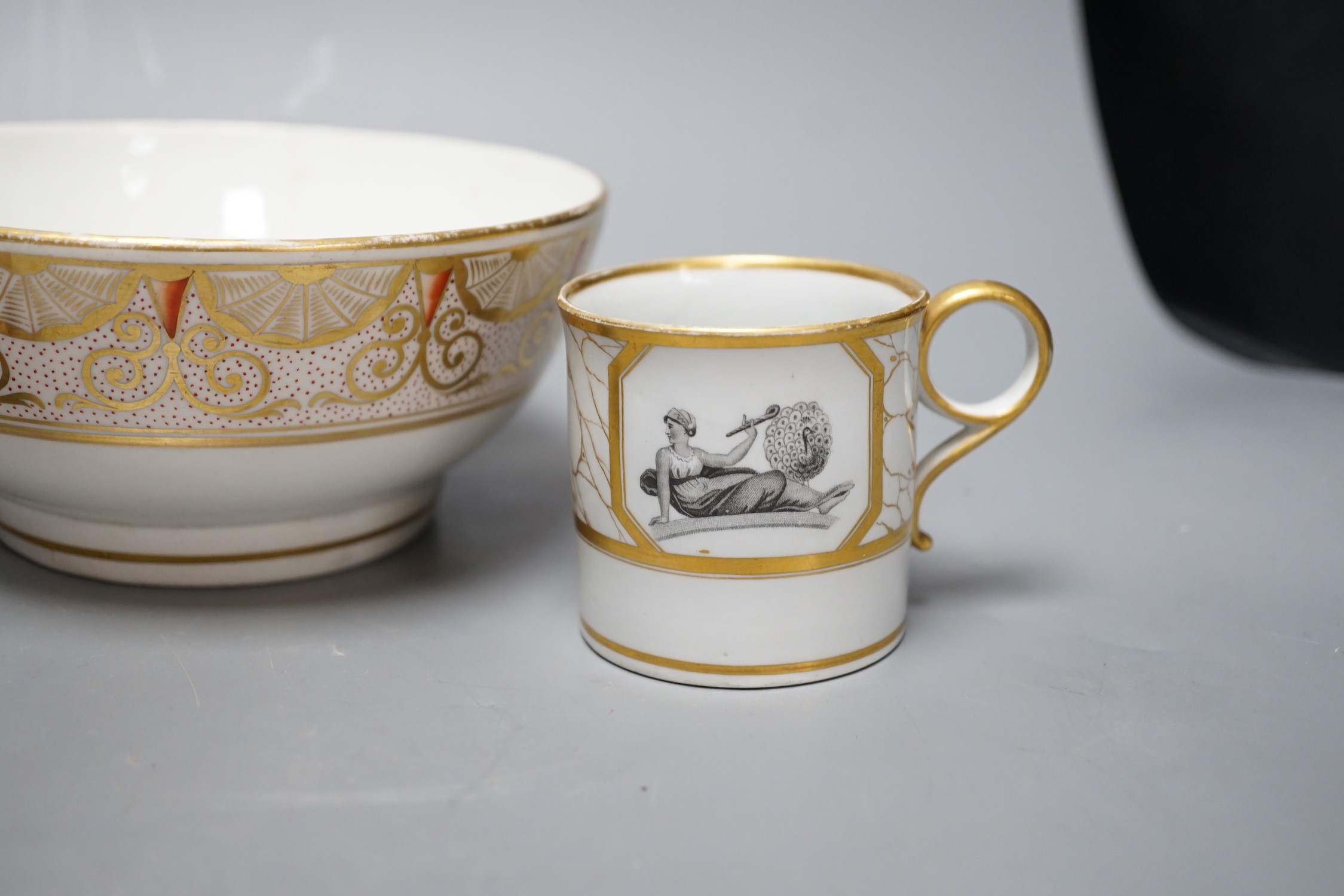 An interesting Regency porcelain bowl printed with two chariots, one pulled by sheep having a man perhaps from the aristocracy of the time, the other side with a woman in the chariot pulled by two birds, a Barr Worcester